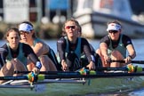 The Women's Boat Race season 2018 - fixture CUWBC vs. ULBC: CUWBC extending their lead near the Putney boat houses - here 5 Thea Zabell, 4 Paula Wesselmann, 3 Alice White, 2 Myriam Goudet-Boukhatmi, bow Olivia Coffey.
River Thames between Putney Bridge and Mortlake,
London SW15,

United Kingdom,
on 17 February 2018 at 13:10, image #60