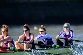 The Women's Boat Race season 2018 - fixture CUWBC vs. ULBC: ULBC working hard to catch up, here  4 Katherine Barnhill, 3 Fionnuala Gannon, 2 Robyn Hart-Winks, bow Ally French.
River Thames between Putney Bridge and Mortlake,
London SW15,

United Kingdom,
on 17 February 2018 at 13:11, image #61