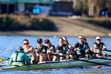 The Women's Boat Race season 2018 - fixture CUWBC vs. ULBC: CUWBC extending their lead near the Putney boat houses - cox Sophie Shapter, stroke Tricia Smith, 7 Imogen Grant, 6 Anne Beenken, 5 Thea Zabell, 4 Paula Wesselmann, 3 Alice White, 2 Myriam Goudet-Boukhatmi, bow Olivia Coffey.
River Thames between Putney Bridge and Mortlake,
London SW15,

United Kingdom,
on 17 February 2018 at 13:11, image #63