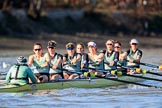 The Women's Boat Race season 2018 - fixture CUWBC vs. ULBC: CUWBC extending their lead near the Putney boat houses - cox Sophie Shapter, stroke Tricia Smith, 7 Imogen Grant, 6 Anne Beenken, 5 Thea Zabell, 4 Paula Wesselmann, 3 Alice White, 2 Myriam Goudet-Boukhatmi, bow Olivia Coffey.
River Thames between Putney Bridge and Mortlake,
London SW15,

United Kingdom,
on 17 February 2018 at 13:12, image #65