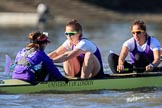 The Women's Boat Race season 2018 - fixture CUWBC vs. ULBC: The ULBC Eight, here cox Lauren Holland, with stroke Issy Powel, 7 Jordan Cole-Huissan.
River Thames between Putney Bridge and Mortlake,
London SW15,

United Kingdom,
on 17 February 2018 at 13:12, image #70