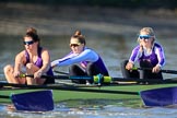 The Women's Boat Race season 2018 - fixture CUWBC vs. ULBC: The ULBC Eight, here 3 Fionnuala Gannon, 2 Robyn Hart-Winks, bow Ally French.
River Thames between Putney Bridge and Mortlake,
London SW15,

United Kingdom,
on 17 February 2018 at 13:12, image #72