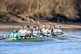 The Women's Boat Race season 2018 - fixture CUWBC vs. ULBC: The CUWBC Eight in the lead near the Mile Post - cox Sophie Shapter, stroke Tricia Smith, 7 Imogen Grant, 6 Anne Beenken, 5 Thea Zabell, 4 Paula Wesselmann, 3 Alice White, 2 Myriam Goudet-Boukhatmi, bow Olivia Coffey.
River Thames between Putney Bridge and Mortlake,
London SW15,

United Kingdom,
on 17 February 2018 at 13:13, image #73