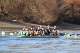 The Women's Boat Race season 2018 - fixture CUWBC vs. ULBC: The CUWBC Eight in the lead near the Mile Post - cox Sophie Shapter, stroke Tricia Smith, 7 Imogen Grant, 6 Anne Beenken, 5 Thea Zabell, 4 Paula Wesselmann, 3 Alice White, 2 Myriam Goudet-Boukhatmi, bow Olivia Coffey.
River Thames between Putney Bridge and Mortlake,
London SW15,

United Kingdom,
on 17 February 2018 at 13:13, image #75