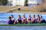 The Women's Boat Race season 2018 - fixture CUWBC vs. ULBC: The ULBC Eight near Hammersmith Bridge - cox Lauren Holland, stroke Issy Powel, 7 Jordan Cole-Huissan, 6 Oonagh Cousins, 5 Hannah Roberts, 4 Katherine Barnhill, 3 Fionnuala Gannon, 2 Robyn Hart-Winks.
River Thames between Putney Bridge and Mortlake,
London SW15,

United Kingdom,
on 17 February 2018 at 13:17, image #92