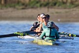 The Women's Boat Race season 2018 - fixture CUWBC vs. ULBC: The CUWBC Eight after winning the first part of the race at Hammersmith Bridge - cox Sophie Shapter, stroke Tricia Smith, 7 Imogen Grant, 6 Anne Beenken, 5 Thea Zabell, 4 Paula Wesselmann, 3 Alice White, 2 Myriam Goudet-Boukhatmi, bow Olivia Coffey.
River Thames between Putney Bridge and Mortlake,
London SW15,

United Kingdom,
on 17 February 2018 at 13:18, image #93