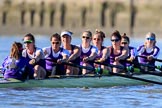 The Women's Boat Race season 2018 - fixture CUWBC vs. ULBC: The ULBC Eight near Hammersmith Bridge - cox Lauren Holland, stroke Issy Powel, 7 Jordan Cole-Huissan, 6 Oonagh Cousins, 5 Hannah Roberts, 4 Katherine Barnhill, 3 Fionnuala Gannon, 2 Robyn Hart-Winks, bow Ally French.
River Thames between Putney Bridge and Mortlake,
London SW15,

United Kingdom,
on 17 February 2018 at 13:18, image #94