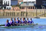 The Women's Boat Race season 2018 - fixture CUWBC vs. ULBC: The ULBC Eight after finishing the first part of the race at Hammersmith Bridge - cox Lauren Holland, stroke Issy Powel, 7 Jordan Cole-Huissan, 6 Oonagh Cousins, 5 Hannah Roberts, 4 Katherine Barnhill, 3 Fionnuala Gannon, 2 Robyn Hart-Winks, bow Ally French.
River Thames between Putney Bridge and Mortlake,
London SW15,

United Kingdom,
on 17 February 2018 at 13:18, image #95