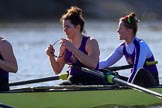 The Women's Boat Race season 2018 - fixture CUWBC vs. ULBC: ULBC 3 Fionnuala Gannon and 2 Robyn Hart-Winks resting after the first part of the race.
River Thames between Putney Bridge and Mortlake,
London SW15,

United Kingdom,
on 17 February 2018 at 13:20, image #97