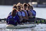 The Women's Boat Race season 2018 - fixture CUWBC vs. ULBC: The ULBC Eight after finishing the first part of the race at Hammersmith Bridge - cox Lauren Holland, stroke Issy Powel, 7 Jordan Cole-Huissan, 6 Oonagh Cousins, 5 Hannah Roberts, 4 Katherine Barnhill, 3 Fionnuala Gannon, 2 Robyn Hart-Winks, bow Ally French.
River Thames between Putney Bridge and Mortlake,
London SW15,

United Kingdom,
on 17 February 2018 at 13:26, image #101