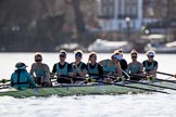 The Women's Boat Race season 2018 - fixture CUWBC vs. ULBC: The CUWBC Eight after winning the first part of the race at Hammersmith Bridge - cox Sophie Shapter, stroke Tricia Smith, 7 Imogen Grant, 6 Anne Beenken, 5 Thea Zabell, 4 Paula Wesselmann, 3 Alice White, 2 Myriam Goudet-Boukhatmi, bow Olivia Coffey.
River Thames between Putney Bridge and Mortlake,
London SW15,

United Kingdom,
on 17 February 2018 at 13:26, image #102