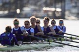 The Women's Boat Race season 2018 - fixture CUWBC vs. ULBC: The start to the second part of the race, here the ULBC Eight with cox Lauren Holland, stroke Issy Powel, 7 Jordan Cole-Huissan, 6 Oonagh Cousins, 5 Hannah Roberts, 4 Katherine Barnhill, 3 Fionnuala Gannon, 2 Robyn Hart-Winks, bow Ally French.
River Thames between Putney Bridge and Mortlake,
London SW15,

United Kingdom,
on 17 February 2018 at 13:27, image #103