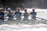 The Women's Boat Race season 2018 - fixture CUWBC vs. ULBC: The start to the second part of the race, here the CUWBC Eight with 5 Thea Zabell, 4 Paula Wesselmann, 3 Alice White, 2 Myriam Goudet-Boukhatmi, bow Olivia Coffey.
River Thames between Putney Bridge and Mortlake,
London SW15,

United Kingdom,
on 17 February 2018 at 13:27, image #104