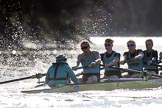 The Women's Boat Race season 2018 - fixture CUWBC vs. ULBC: The start to the second part of the race, here the CUWBC Eight with cox Sophie Shapter, stroke Tricia Smith, 7 Imogen Grant, 6 Anne Beenken, 5 Thea Zabell.
River Thames between Putney Bridge and Mortlake,
London SW15,

United Kingdom,
on 17 February 2018 at 13:27, image #107