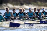 The Women's Boat Race season 2018 - fixture CUWBC vs. ULBC: The  CUWBC Eight, here cox Sophie Shapter, stroke Tricia Smith, 7 Imogen Grant, 6 Anne Beenken, 5 Thea Zabell, 4 Paula Wesselmann, 3 Alice White, 2 Myriam Goudet-Boukhatmi, bow Olivia Coffey.
River Thames between Putney Bridge and Mortlake,
London SW15,

United Kingdom,
on 17 February 2018 at 13:28, image #120