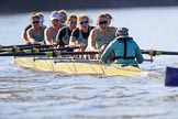 The Women's Boat Race season 2018 - fixture CUWBC vs. ULBC: The CUWBC Eight - here bow Ally French, 2 Robyn Hart-Winks, 3 Fionnuala Gannon, 4 Katherine Barnhill, 5 Hannah Roberts, 6 Oonagh Cousins, 7 Imogen Grant, stroke Tricia Smith, cox Sophie Shapter.
River Thames between Putney Bridge and Mortlake,
London SW15,

United Kingdom,
on 17 February 2018 at 13:32, image #147