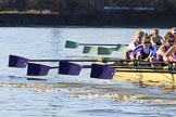 The Women's Boat Race season 2018 - fixture CUWBC vs. ULBC: CUWBC extending the lead over ULBC, in a "lots of oars" shot.
River Thames between Putney Bridge and Mortlake,
London SW15,

United Kingdom,
on 17 February 2018 at 13:32, image #149