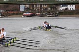 The Women's Boat Race season 2018 - fixture OUWBC vs. Molesey BC: Molesey has fallen behind on the approach to Hammersmith Bridge.
River Thames between Putney Bridge and Mortlake,
London SW15,

United Kingdom,
on 04 March 2018 at 13:51, image #83