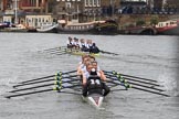 The Women's Boat Race season 2018 - fixture OUWBC vs. Molesey BC: OUWBC are about a length ahead of Molesey after passing Hammersmith Bridge.
River Thames between Putney Bridge and Mortlake,
London SW15,

United Kingdom,
on 04 March 2018 at 13:52, image #86