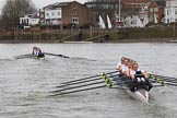 The Women's Boat Race season 2018 - fixture OUWBC vs. Molesey BC: OUWBC are about a length ahead of Molesey after passing Hammersmith Bridge.
River Thames between Putney Bridge and Mortlake,
London SW15,

United Kingdom,
on 04 March 2018 at 13:52, image #87