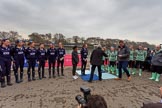 The Cancer Research UK Women's Boat Race 2018: The Women's Boat Race toss - Oxford on the left of the photo, Cambridge on the right, race umpire Sir Matthew Pinsent in front of Cambridge.
River Thames between Putney Bridge and Mortlake,
London SW15,

United Kingdom,
on 24 March 2018 at 14:40, image #31