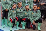 The Cancer Research UK Women's Boat Race 2018: The Cambridge crew  at the toss, here cox Sophie Shapter, 6 Alice White, 7 Myriam Goudet-Boukhatmi, and stroke Olivia Coffey.
River Thames between Putney Bridge and Mortlake,
London SW15,

United Kingdom,
on 24 March 2018 at 14:42, image #55