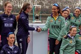 The Cancer Research UK Women's Boat Race 2018: Handshake after the toss - Oxford president Katherine Erickson and Cambridge president Daphne Martschenko.
River Thames between Putney Bridge and Mortlake,
London SW15,

United Kingdom,
on 24 March 2018 at 14:42, image #58