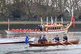 The Cancer Research UK Women's Boat Race 2018: Gloriana, the Queen's rowbarge, on the way to Mortlake.
River Thames between Putney Bridge and Mortlake,
London SW15,

United Kingdom,
on 24 March 2018 at 15:15, image #76