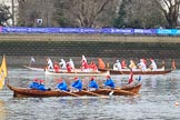 The Cancer Research UK Women's Boat Race 2018: Historic rowing boats (here from CityBargeClub.org.uk) entertaining the crowds.
River Thames between Putney Bridge and Mortlake,
London SW15,

United Kingdom,
on 24 March 2018 at 15:16, image #79