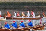 The Cancer Research UK Women's Boat Race 2018: Historic rowing boats (here from CityBargeClub.org.uk) entertaining the crowds.
River Thames between Putney Bridge and Mortlake,
London SW15,

United Kingdom,
on 24 March 2018 at 15:16, image #80