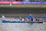 The Cancer Research UK Women's Boat Race 2018: Historic rowing boats (here "Dove", the Tallow Chandlers barge) entertaining the crowds.
River Thames between Putney Bridge and Mortlake,
London SW15,

United Kingdom,
on 24 March 2018 at 15:17, image #81