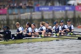 The Cancer Research UK Women's Boat Race 2018: The Oxford women getting ready for the start of the Women's Boat Race - cox Jessica Buck, stroke Beth Bridgman, 7 Abigail Killen, 6 Sara Kushma, 5 Morgan McGovern, 4 Alice Roberts, 3 Juliette Perry, 2 Katherine Erickson, bow Renée Koolschijn.
River Thames between Putney Bridge and Mortlake,
London SW15,

United Kingdom,
on 24 March 2018 at 16:28, image #154