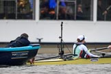 The Cancer Research UK Women's Boat Race 2018: The Cambridge Blue Boat at the stake boat,  getting ready for the start of the race.
River Thames between Putney Bridge and Mortlake,
London SW15,

United Kingdom,
on 24 March 2018 at 16:28, image #157