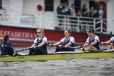 The Cancer Research UK Women's Boat Race 2018: The Oxford Blue Boat just before the start of the race - cox Jessica Buck, stroke Beth Bridgman, 7 Abigail Killen, 6	Sara Kushma.
River Thames between Putney Bridge and Mortlake,
London SW15,

United Kingdom,
on 24 March 2018 at 16:28, image #159