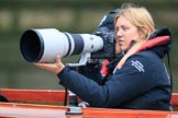 The Cancer Research UK Women's Boat Race 2018: Sports photgrapher Naomi Baker of Getty Images at work for the Boat Race Company.
River Thames between Putney Bridge and Mortlake,
London SW15,

United Kingdom,
on 24 March 2018 at 16:29, image #161