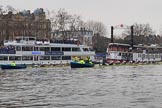 The Cancer Research UK Women's Boat Race 2018: The Oxford and Cambridge Blue Boats wit the stake boatsm ready for the start of the race.
River Thames between Putney Bridge and Mortlake,
London SW15,

United Kingdom,
on 24 March 2018 at 16:31, image #162