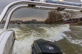 The Cancer Research UK Women's Boat Race 2018: The waves behind the press launch give an idea how fast the rowers are - they are fast!.
River Thames between Putney Bridge and Mortlake,
London SW15,

United Kingdom,
on 24 March 2018 at 16:40, image #185