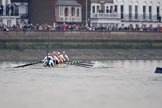 The Cancer Research UK Women's Boat Race 2018: The trailing Oxford boat can just be seen on the right as the Cambridge women extend their lead. Here near the Bandstand, in the Cambridge boat bow Tricia Smith, 2 Imogen Grant, 3 Kelsey Barolak, 4 Thea Zabell, 5 Paula Wesselmann, 6 Alice White, 7 Myriam Goudet-Boukhatmi, stroke Olivia Coffey, cox Sophie Shapter.
River Thames between Putney Bridge and Mortlake,
London SW15,

United Kingdom,
on 24 March 2018 at 16:45, image #190