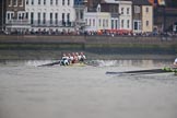 The Cancer Research UK Women's Boat Race 2018: The trailing Oxford boat can just be seen on the right as the Cambridge women extend their lead. Here near the Bandstand, in the Cambridge boat bow Tricia Smith, 2 Imogen Grant, 3 Kelsey Barolak, 4 Thea Zabell, 5 Paula Wesselmann, 6 Alice White, 7 Myriam Goudet-Boukhatmi, stroke Olivia Coffey, cox Sophie Shapter.
River Thames between Putney Bridge and Mortlake,
London SW15,

United Kingdom,
on 24 March 2018 at 16:45, image #191