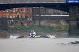 The Cancer Research UK Women's Boat Race 2018: Near Barnes Bridge, the Oxford boat, just visible on the right, is falling further back. In the Cambridge boat bow Tricia Smith, 2 Imogen Grant, 3 Kelsey Barolak, 4 Thea Zabell, 5 Paula Wesselmann, 6 Alice White, 7 Myriam Goudet-Boukhatmi, stroke Olivia Coffey, cox Sophie Shapter.
River Thames between Putney Bridge and Mortlake,
London SW15,

United Kingdom,
on 24 March 2018 at 16:46, image #193