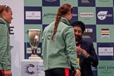 The Cancer Research UK Women's Boat Race 2018: Sir Harpal Kumar, CEO of Cancer Research UK. congratulating Cambridge 3 seat Kelsey Barolak at the trophy presentation.
River Thames between Putney Bridge and Mortlake,
London SW15,

United Kingdom,
on 24 March 2018 at 17:06, image #257