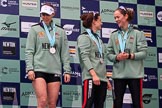 The Cancer Research UK Women's Boat Race 2018: Cambridge 3 seat Kelsey Barolak , 2 Imogen Grant, and bow Tricia Smith on the podium.
River Thames between Putney Bridge and Mortlake,
London SW15,

United Kingdom,
on 24 March 2018 at 17:06, image #258