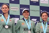 The Cancer Research UK Women's Boat Race 2018: cambridge 4 seat Thea Zabell, 3 Kelsey Barolak, and 2 Imogen Grant on the podium, with their Boat Race medals.
River Thames between Putney Bridge and Mortlake,
London SW15,

United Kingdom,
on 24 March 2018 at 17:07, image #260