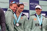 The Cancer Research UK Women's Boat Race 2018: cambridge 5 seat Paula Wesselmann, 4 Thea Zabell, and 3 Kelsey Barolak on the podium, with their Boat Race medals.
River Thames between Putney Bridge and Mortlake,
London SW15,

United Kingdom,
on 24 March 2018 at 17:07, image #261