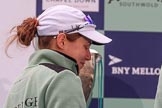 The Cancer Research UK Women's Boat Race 2018: Cambridge cox Sophie Shapterr, with the Women's Boat Race trophy behind her.
River Thames between Putney Bridge and Mortlake,
London SW15,

United Kingdom,
on 24 March 2018 at 17:07, image #262