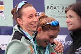 The Cancer Research UK Women's Boat Race 2018: Cambridge stroke Olivia Coffey and 5 sseat Paula Wesselmann, with her Women's Boat Race medals. on the podium.
River Thames between Putney Bridge and Mortlake,
London SW15,

United Kingdom,
on 24 March 2018 at 17:07, image #263