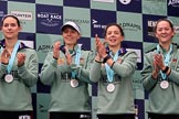 The Cancer Research UK Women's Boat Race 2018: Cambridge  4 seat Thea Zabell, 3 seat Kelsey Barolak, 2 seat Imogen Grant, and  bow seat Tricia Smith, with her Women's Boat Race medals. on the podium.
River Thames between Putney Bridge and Mortlake,
London SW15,

United Kingdom,
on 24 March 2018 at 17:07, image #265