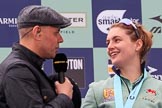 The Cancer Research UK Women's Boat Race 2018: BBC Sport presenter Jason Mohammad interviewing Cambridge 7 seat Myriam Goudet-Boukhatmi.
River Thames between Putney Bridge and Mortlake,
London SW15,

United Kingdom,
on 24 March 2018 at 17:07, image #267