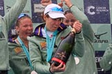 The Cancer Research UK Women's Boat Race 2018: Cambridge victory celebrations and lots of Chapel Down Brut sprayed all over the rowers, here Sophie Shapter, and behind her Paula Wesselmann and Myriam Goudet-Boukhatmi  (I guess).
River Thames between Putney Bridge and Mortlake,
London SW15,

United Kingdom,
on 24 March 2018 at 17:09, image #286