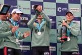 The Cancer Research UK Women's Boat Race 2018: The Cambridge women celebrating with their Boat Race medals, the Women's Boat Race trophy, and lots of Chapel Down Brut: Sophi Shapter,  Thea Zabell, Kelsey Barolak,.
River Thames between Putney Bridge and Mortlake,
London SW15,

United Kingdom,
on 24 March 2018 at 17:09, image #292